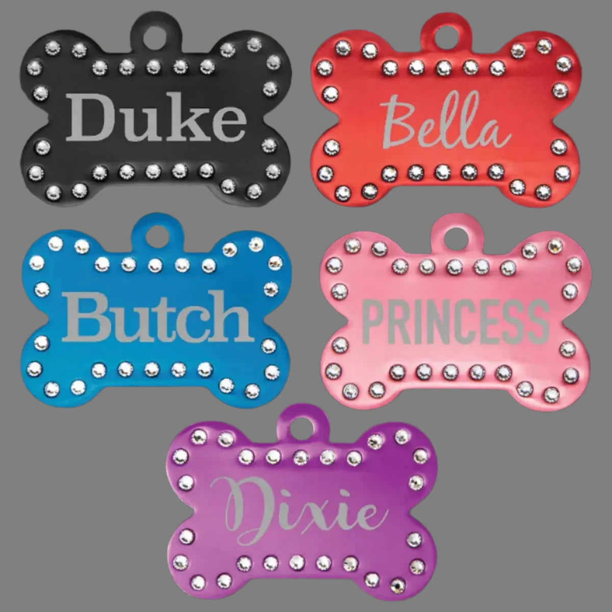 Personalized Pet Tags - Anodized Aluminum and Swarovski Crystal Bone / Black / 1 1/4" x 3/4"