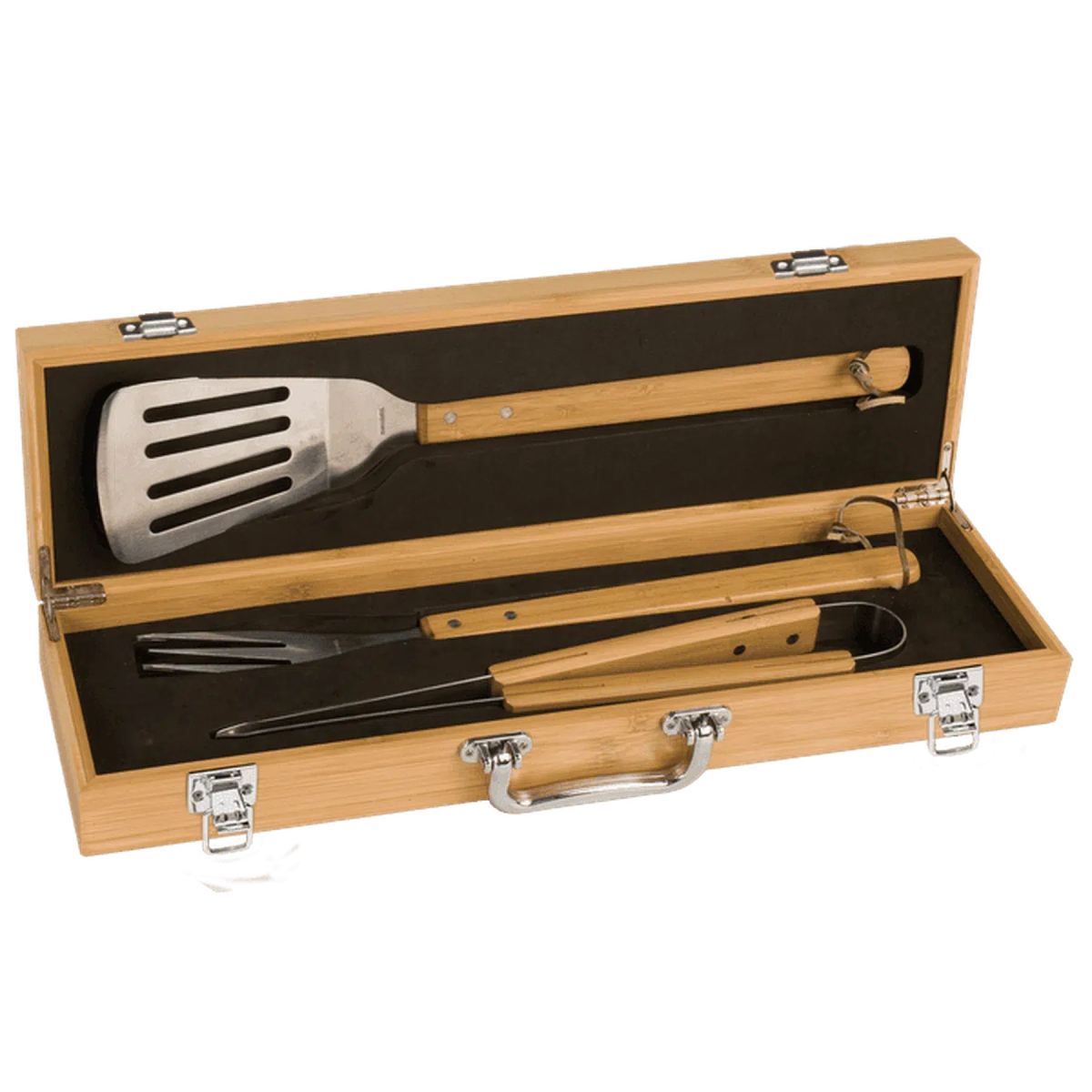Personalized 3-Piece Barbeque Tool Set in Maple or Bamboo Bamboo Case / Latched Hardware and Hinges / 19 5/8"(L) x 5 1/2"(W) x 3 1/8"(H)