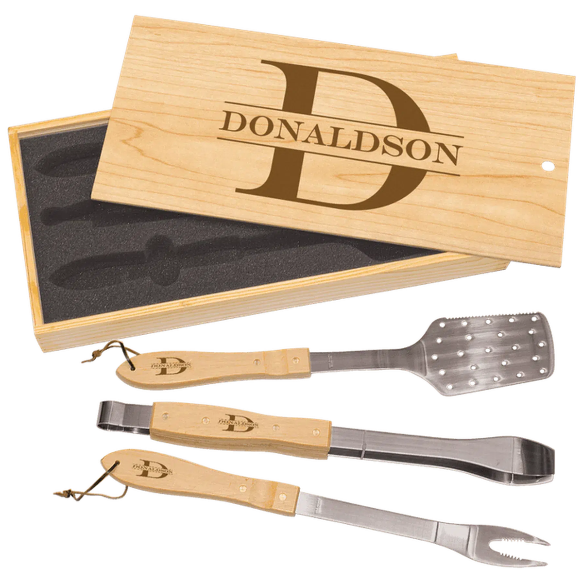 Personalized 3-Piece Barbeque Tool Set in Maple or Bamboo Maple Case / Sliding Lid / 20"(L) x 9 5/8"(W) x 2 1/4"(H)