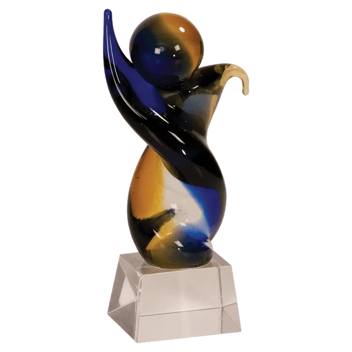 Personalized Art Glass Award Sculpture | Hand-Blown Glass Twisted Body / Blue and Brown / 4 1/2"(L) x 7 3/4"(H)