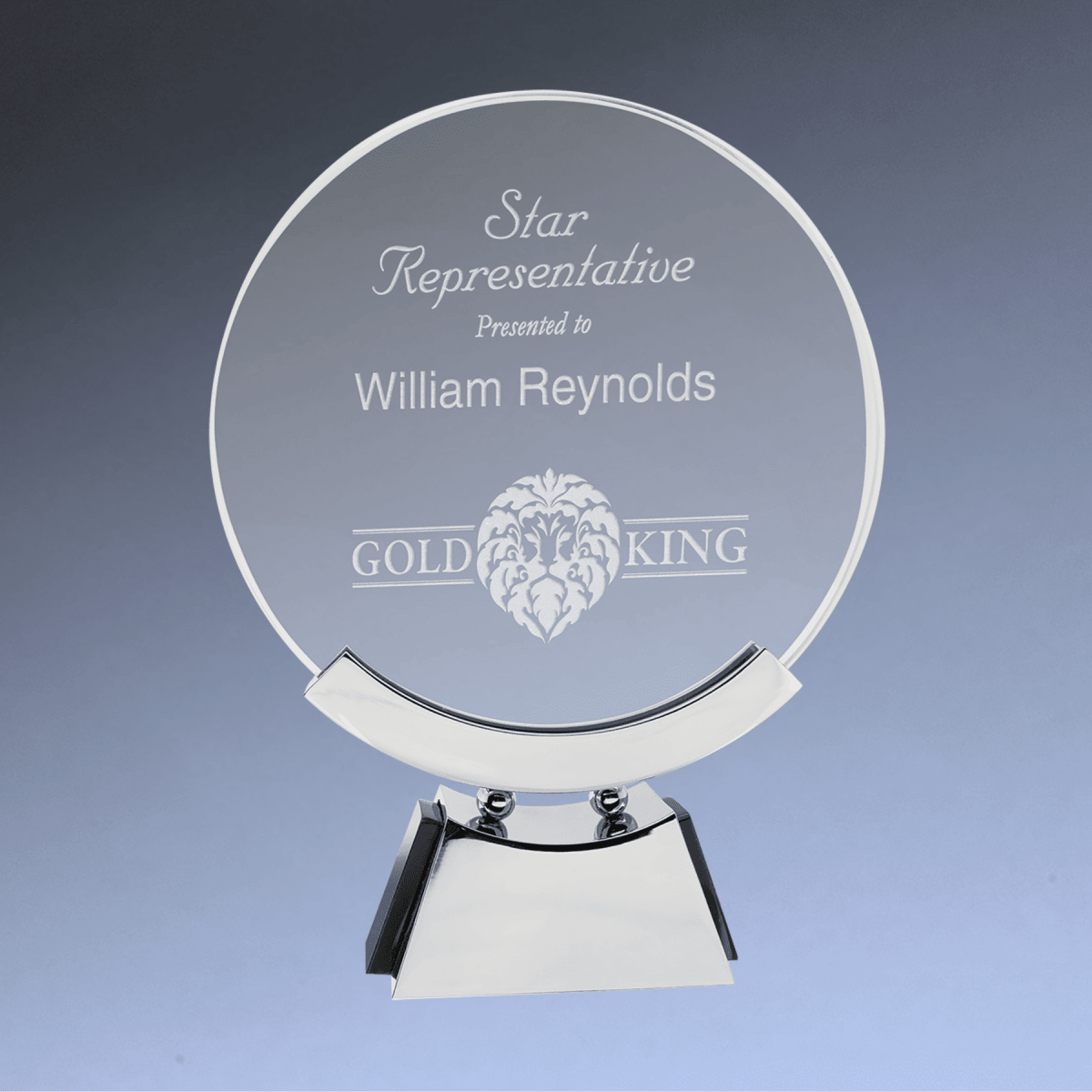 Voyager Round Glass Awards with Silver Aluminum Base - 8 1/2"