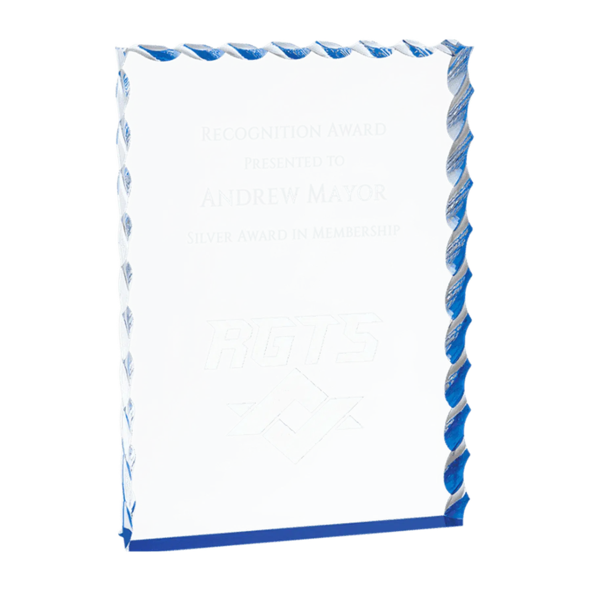 Wave Edge Acrylic Awards - Custom Engraved with Color Accents Blue / 4" x 6"