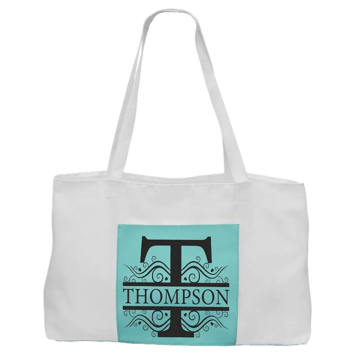 Personalized White Canvas Bag with 5" Gusset and Leatherette Color Trim Teal / White Canvas