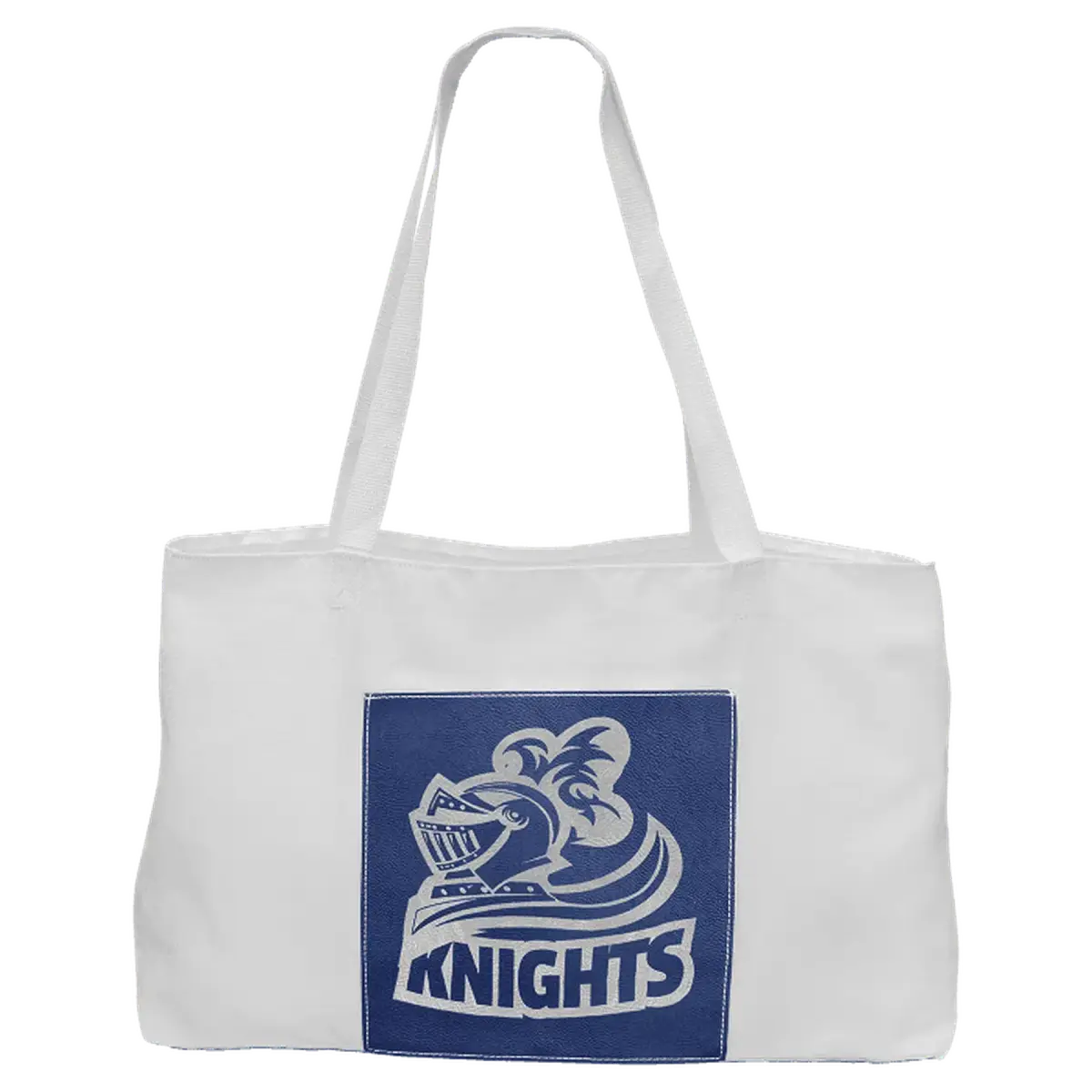 Personalized White Canvas Bag with 5" Gusset and Leatherette Color Trim Blue/Silver / White Canvas