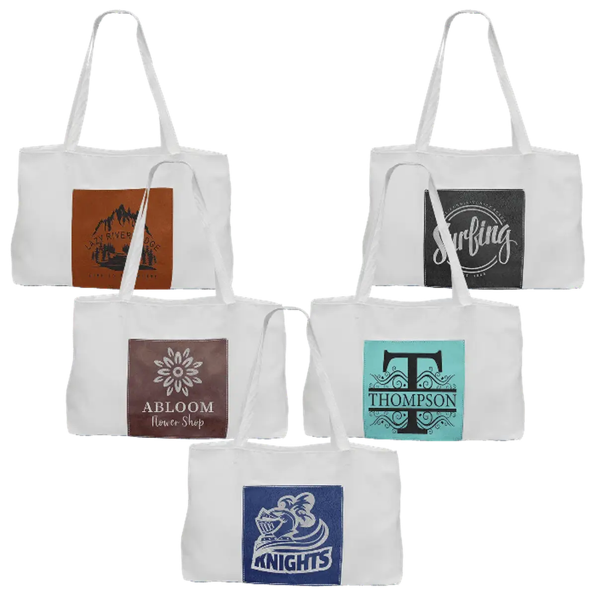 Personalized White Canvas Bag with 5" Gusset and Leatherette Color Trim Rawhide / White Canvas