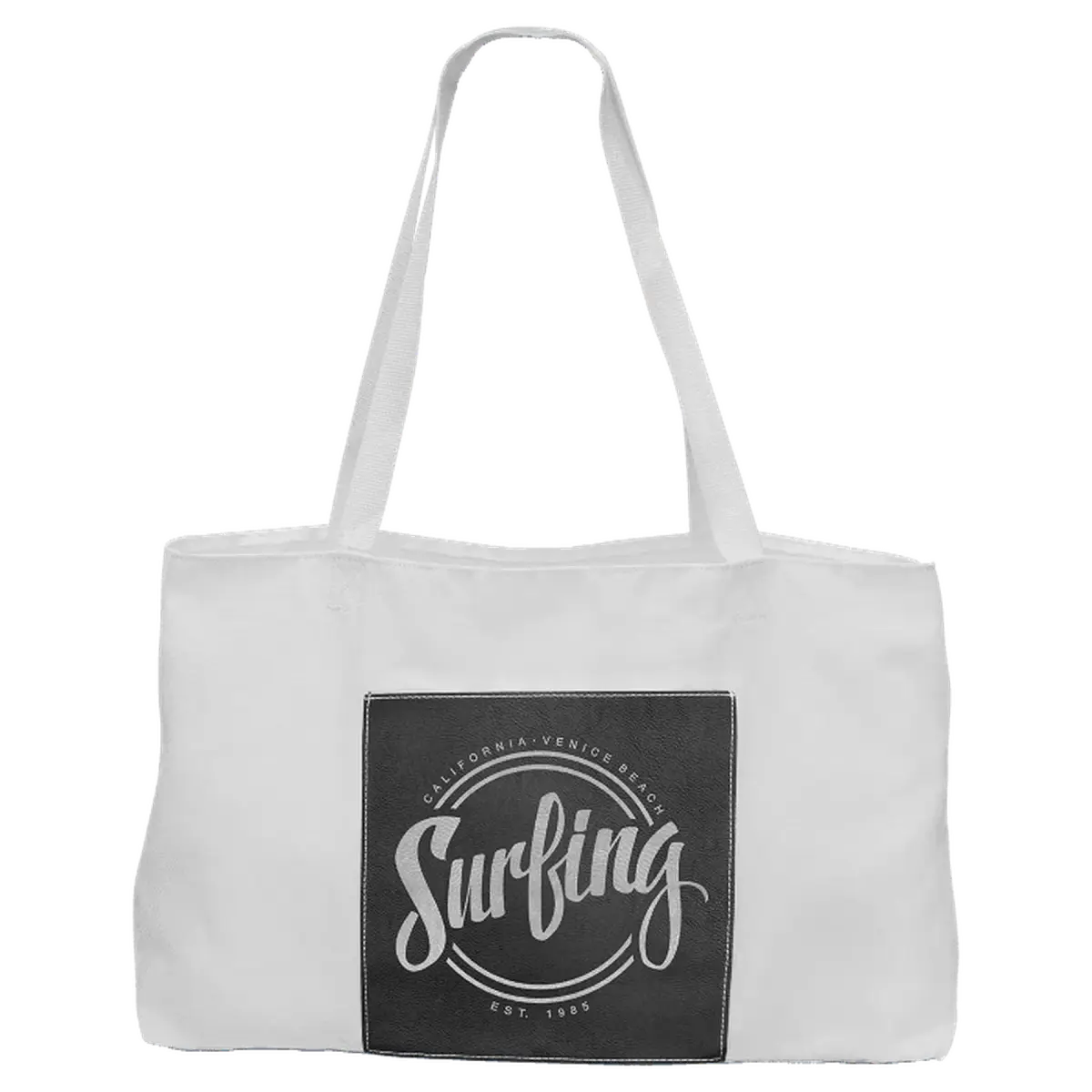 Personalized White Canvas Bag with 5" Gusset and Leatherette Color Trim Black/Silver / White Canvas
