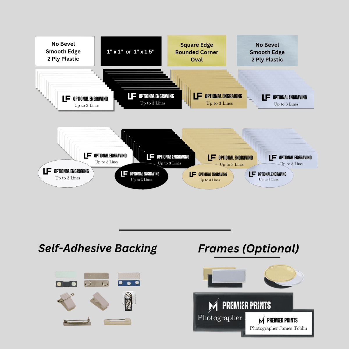 Custom Plastic Name Badge Kits - Add Tag Style, Frame and Backings - LightForce Laser Engraving, LLC