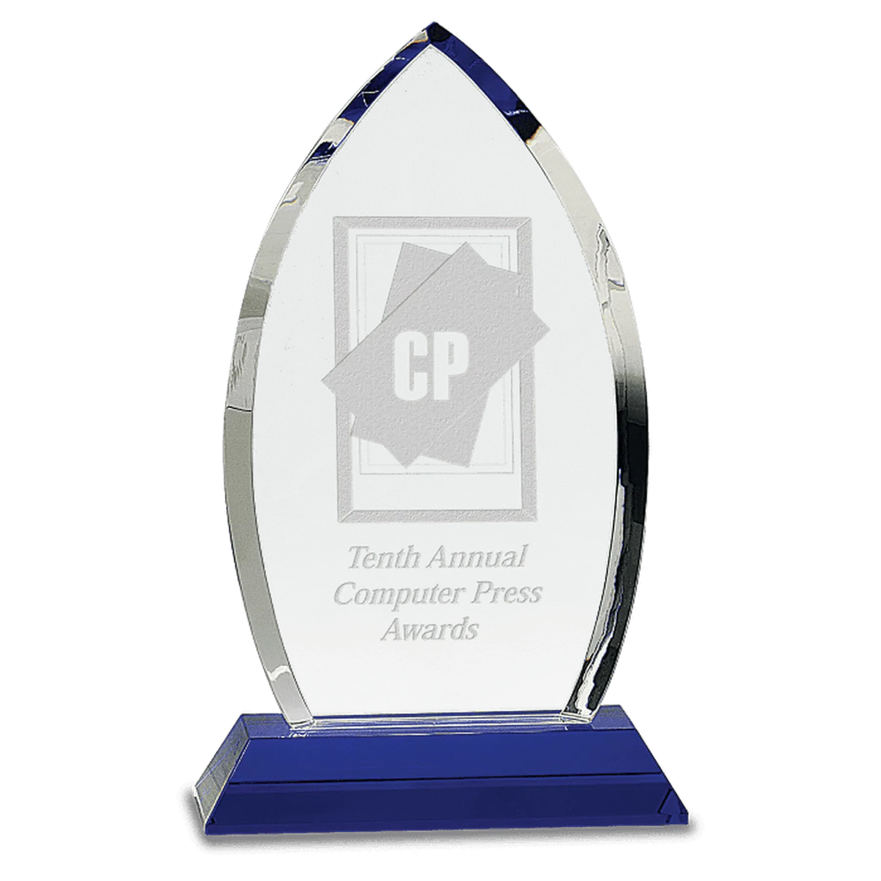 10" Crystal Oval Award on a Blue Pedestal Base