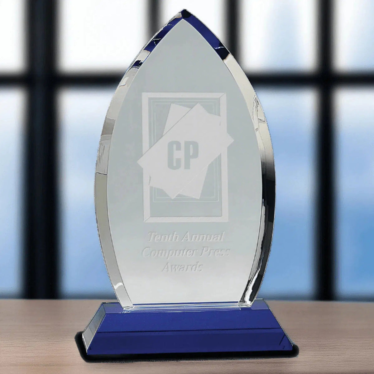 10" Crystal Oval Award on a Blue Pedestal Base - LightForce Laser Engraving, LLC