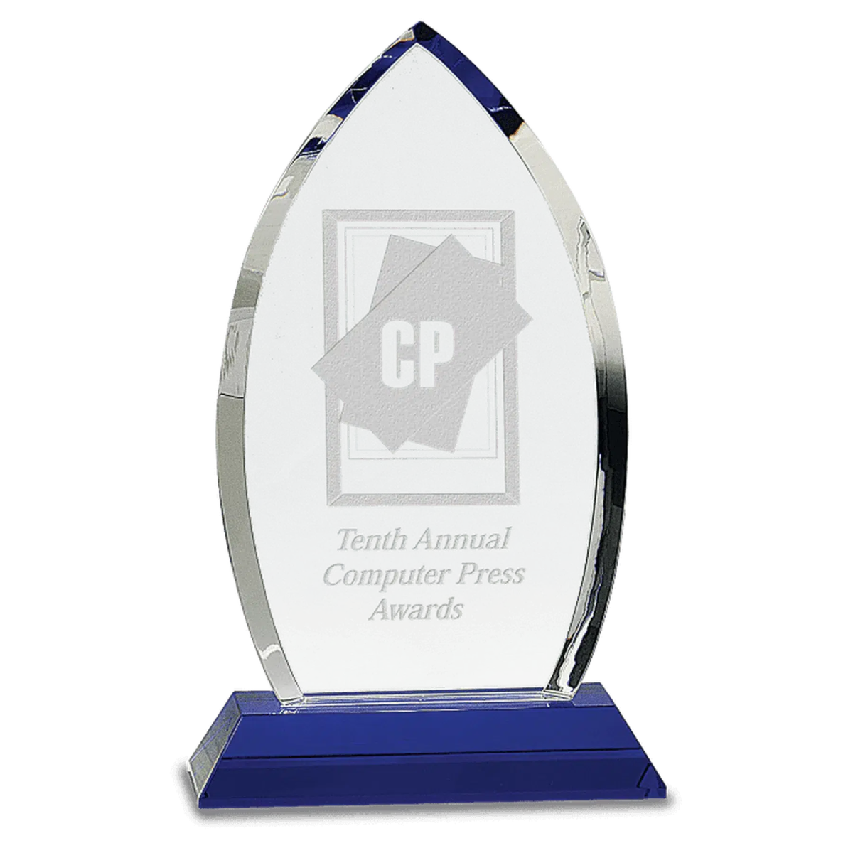 10" Crystal Oval Award on a Blue Pedestal Base - LightForce Laser Engraving, LLC