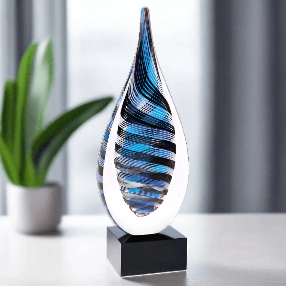 12" Blue & Black Twisted Rain Drop Award Sculpture - LightForce Laser Engraving, LLC