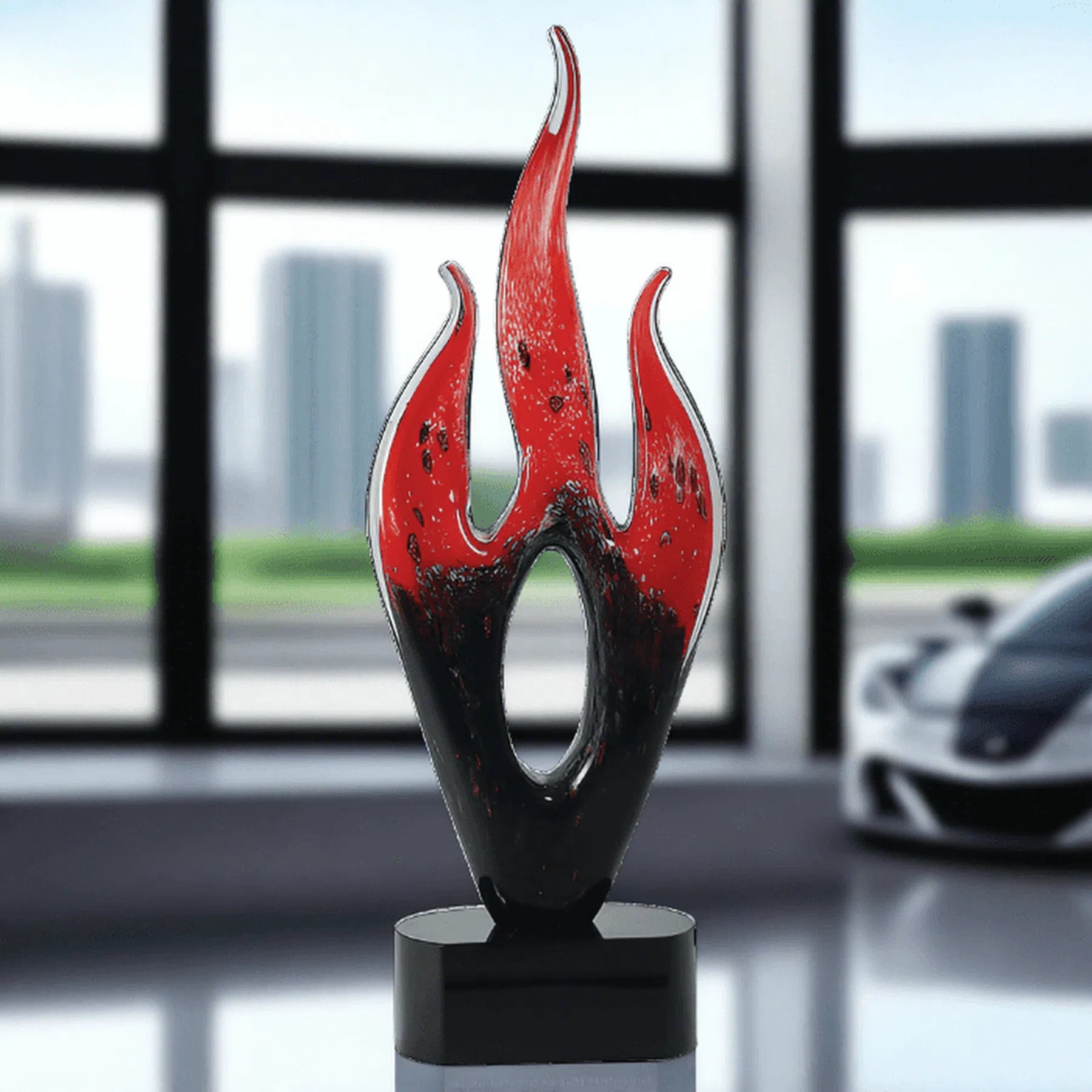 16" Red and Black Flame Art Glass Award Sculpture