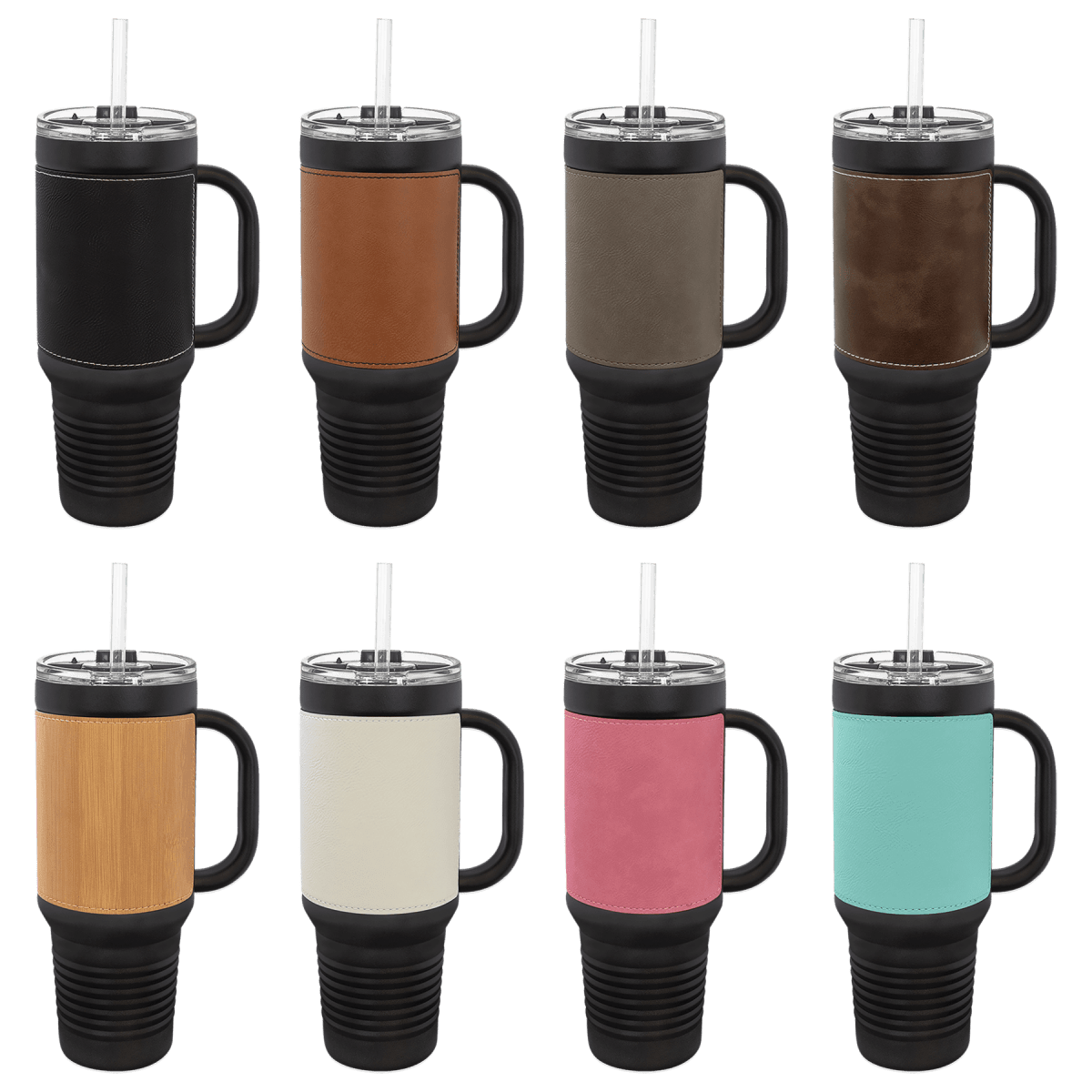 40 oz. Black Powder Coated Travel Mugs with Leatherette Wrap - LightForce Laser Engraving, LLC