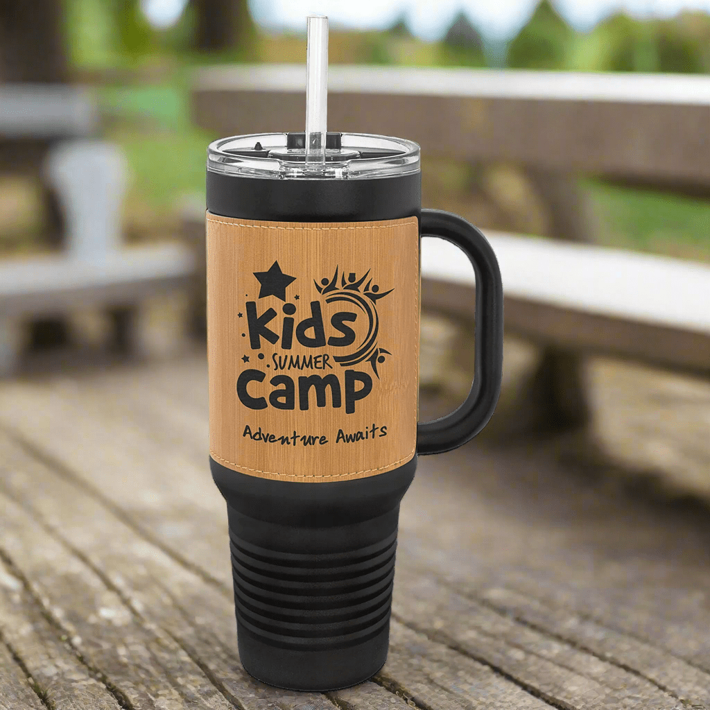 40 oz. Black Powder Coated Travel Mugs with Leatherette Wrap - LightForce Laser Engraving, LLC