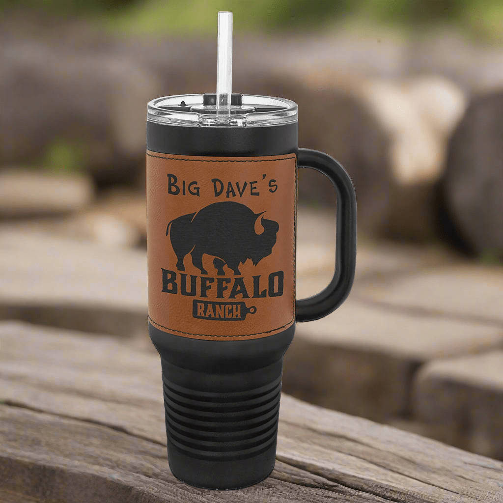 40 oz. Black Powder Coated Travel Mugs with Leatherette Wrap - LightForce Laser Engraving, LLC