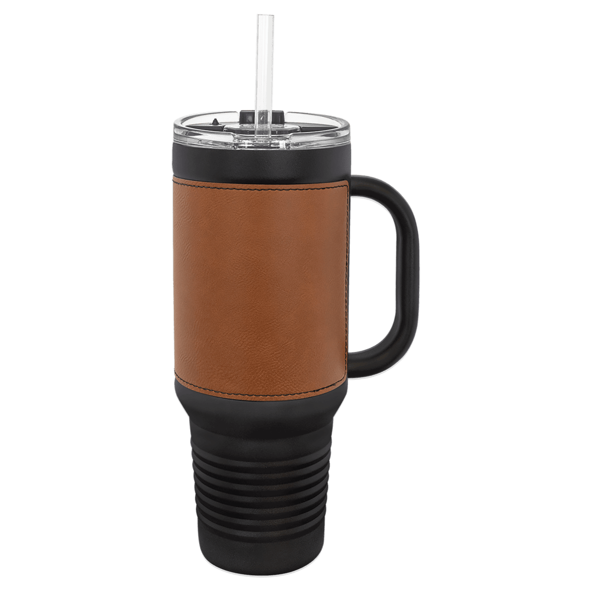 40 oz. Black Powder Coated Travel Mugs with Leatherette Wrap - LightForce Laser Engraving, LLC