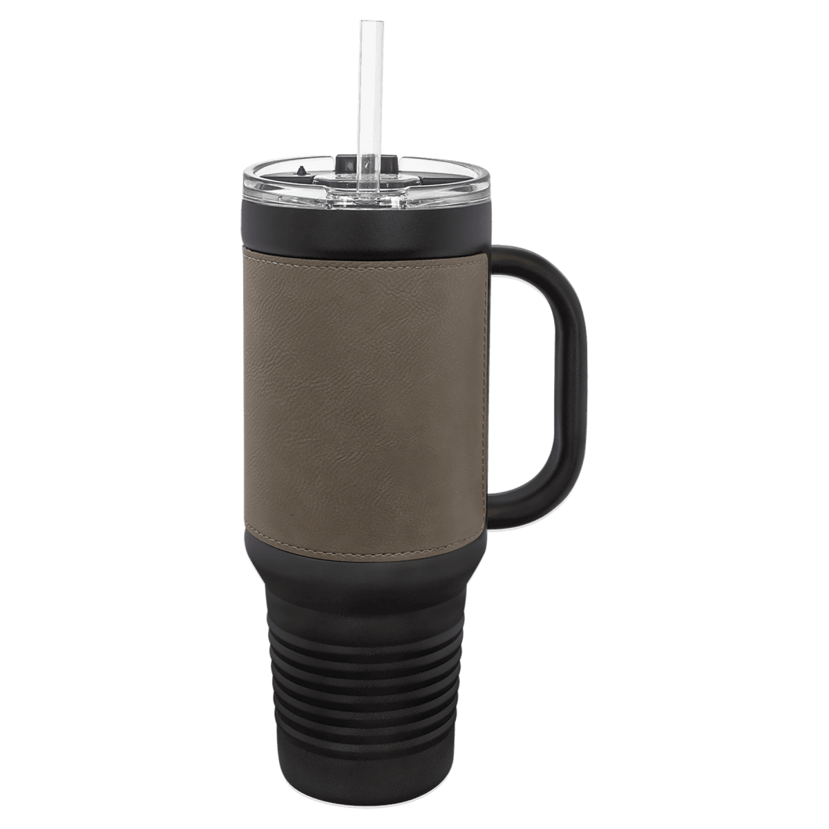 40 oz. Black Powder Coated Travel Mugs with Leatherette Wrap - LightForce Laser Engraving, LLC