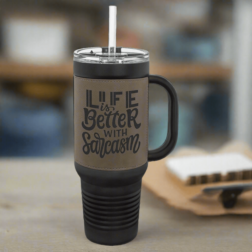 40 oz. Black Powder Coated Travel Mugs with Leatherette Wrap - LightForce Laser Engraving, LLC