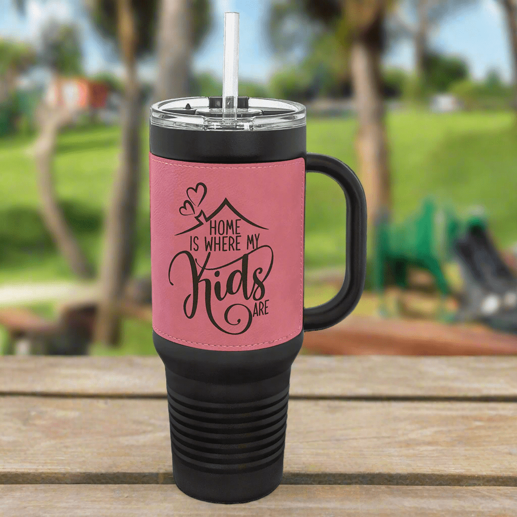 40 oz. Black Powder Coated Travel Mugs with Leatherette Wrap - LightForce Laser Engraving, LLC