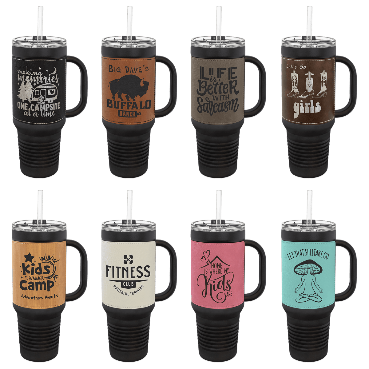 40 oz. Black Powder Coated Travel Mugs with Leatherette Wrap - LightForce Laser Engraving, LLC