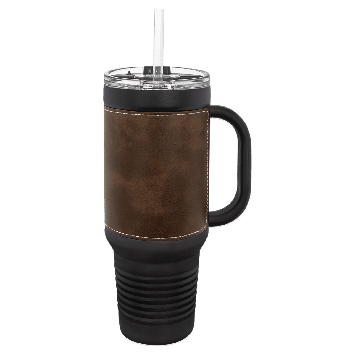 40 oz. Black Powder Coated Travel Mugs with Leatherette Wrap - LightForce Laser Engraving, LLC