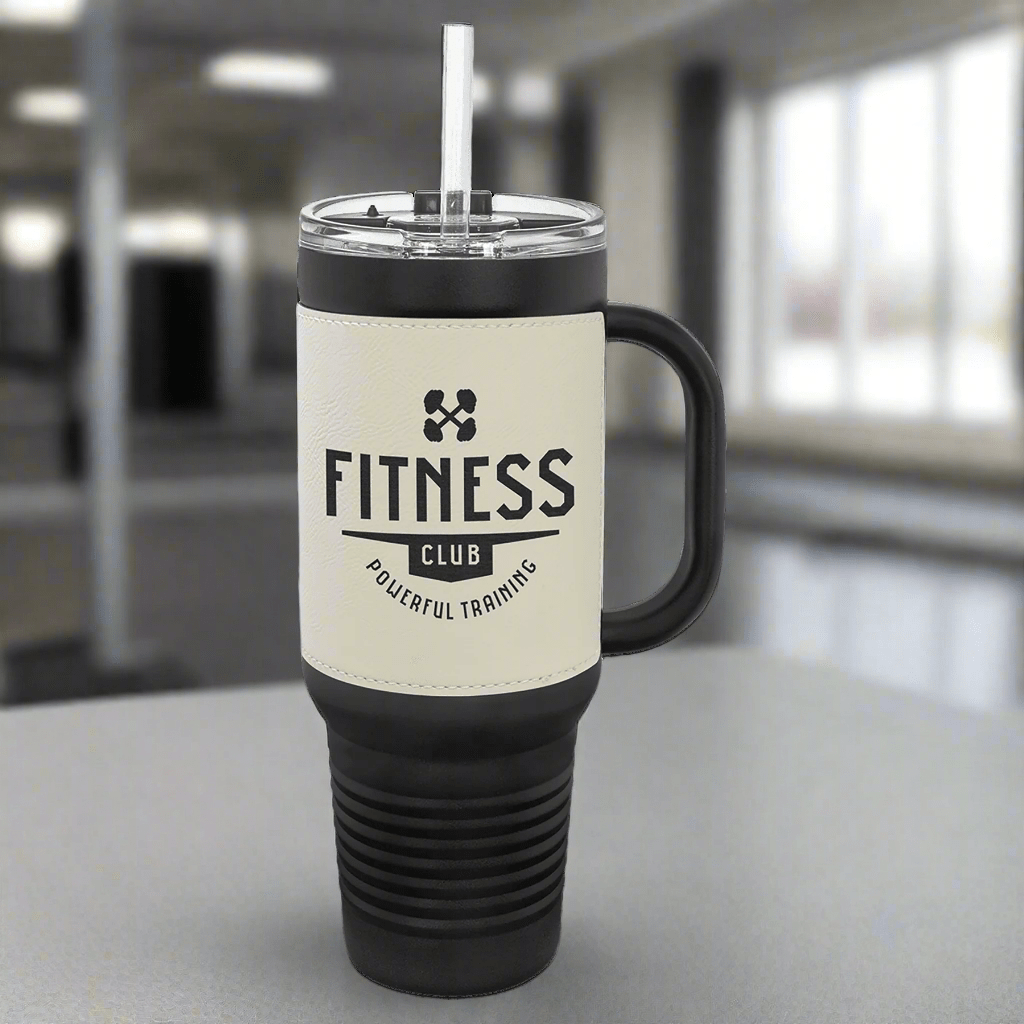 40 oz. Black Powder Coated Travel Mugs with Leatherette Wrap - LightForce Laser Engraving, LLC