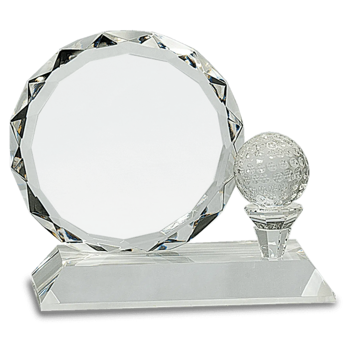 5 1/4" Round Facet Crystal with Golf Ball on Clear Pedestal Base - LightForce Laser Engraving, LLC