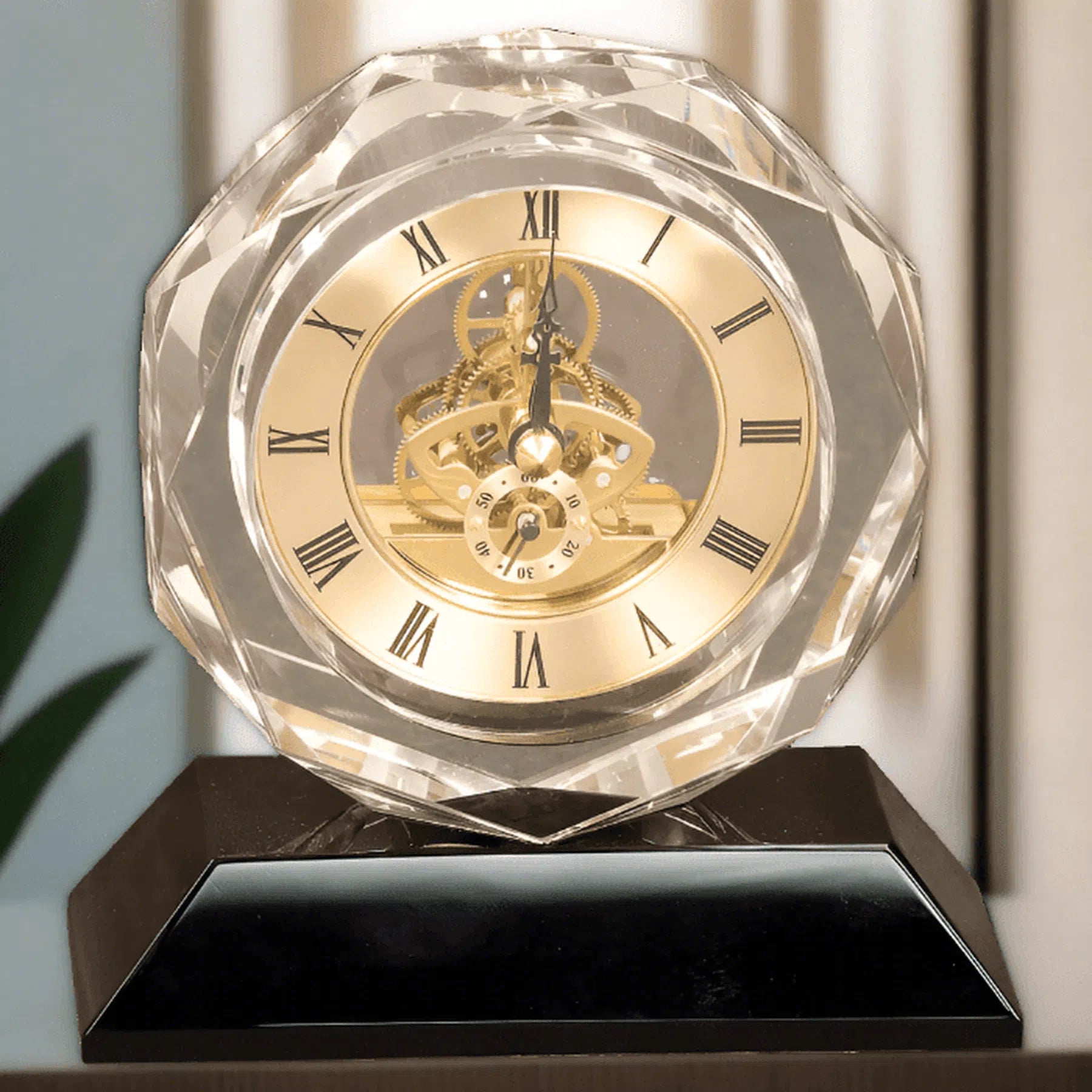 5 3/4" Personalized Crystal Desk Clock on Black Pedestal Base