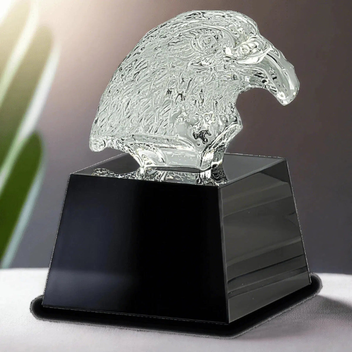 5 3/4" Carved Crystal Eagle Head on Black Pedestal Base - LightForce Laser Engraving, LLC