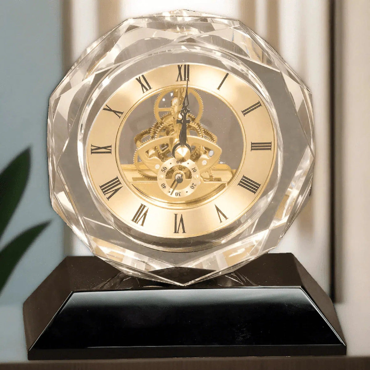 5 3/4" Personalized Crystal Desk Clock on Black Pedestal Base - LightForce Laser Engraving, LLC