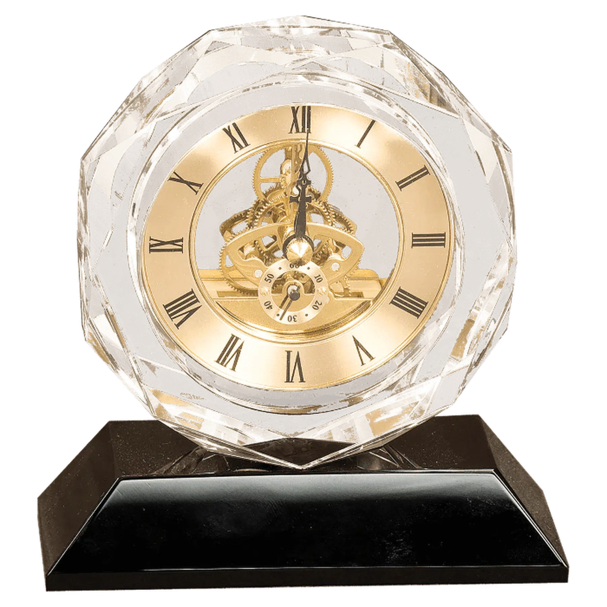 5 3/4" Personalized Crystal Desk Clock on Black Pedestal Base - LightForce Laser Engraving, LLC