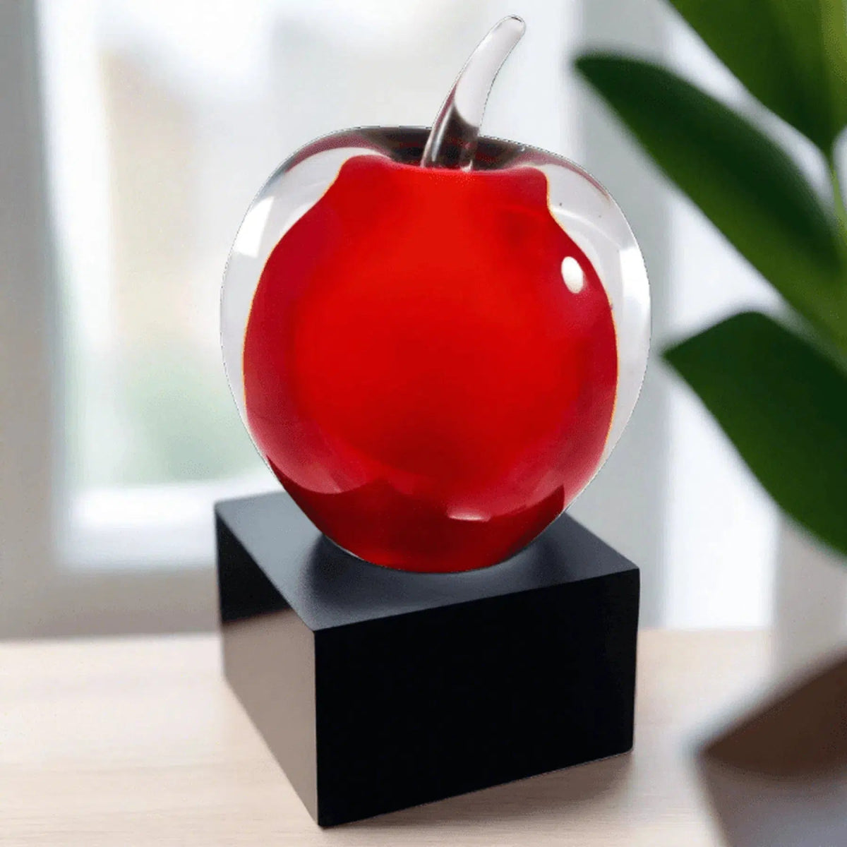 5 3/4" Red 3D Art Glass Apple with Black Base - LightForce Laser Engraving, LLC