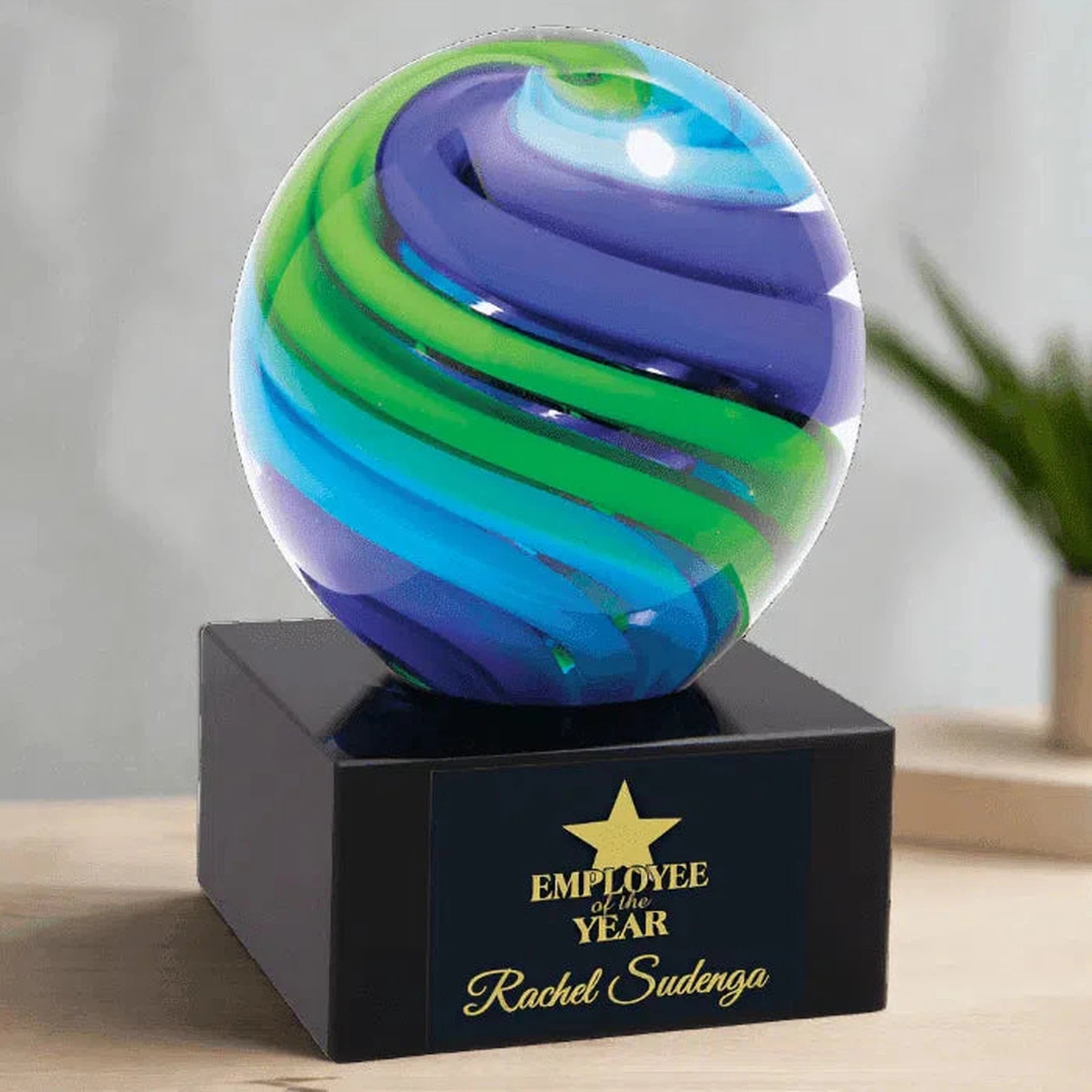 5" Green and Blue Two-Tone Sphere Art Glass Award