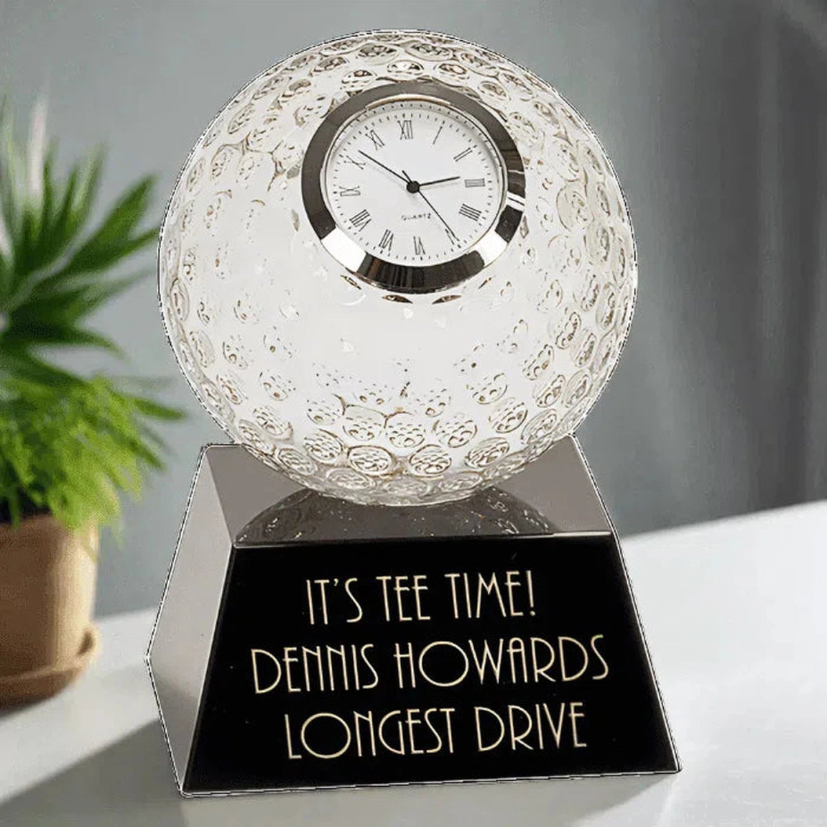 5" Crystal Golf Ball Clock with Black Pedestal Base - LightForce Laser Engraving, LLC