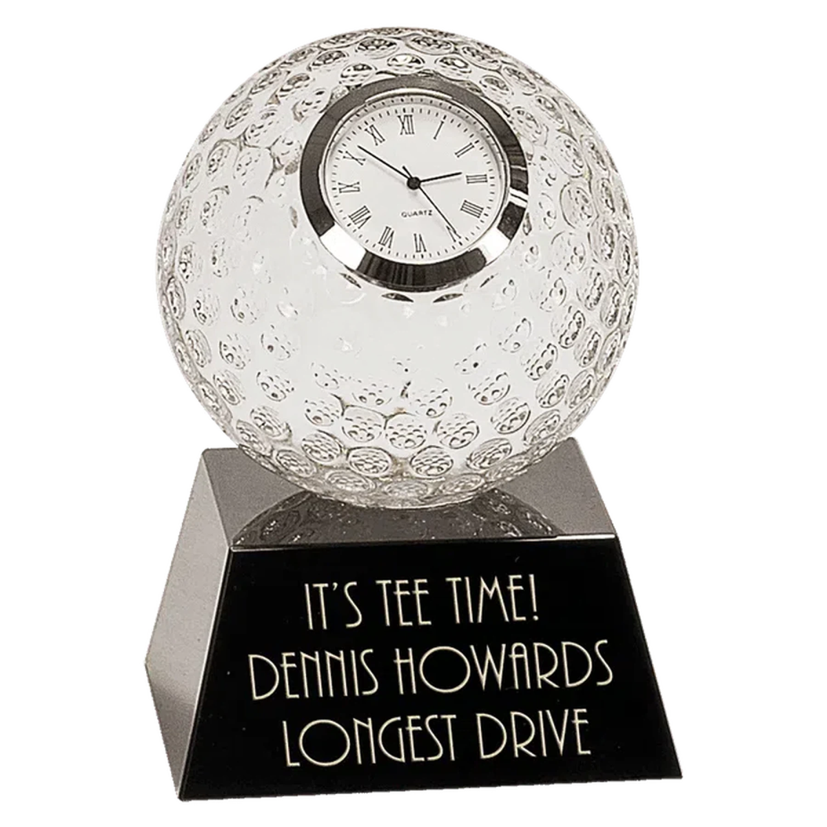 5" Crystal Golf Ball Clock with Black Pedestal Base - LightForce Laser Engraving, LLC