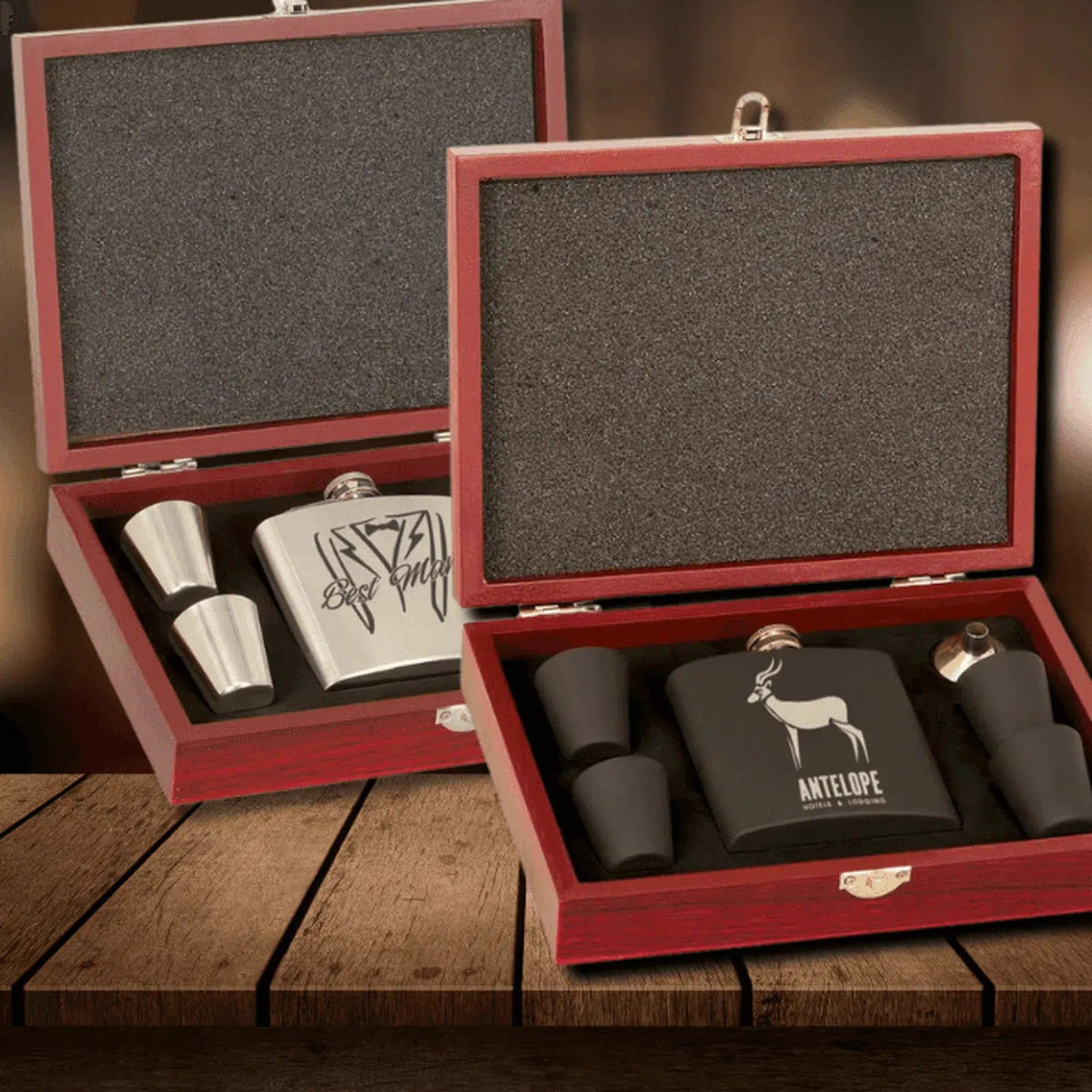 6 oz. Stainless Steel Flask Gift Set with Rosewood Finish Box - LightForce Laser Engraving, LLC