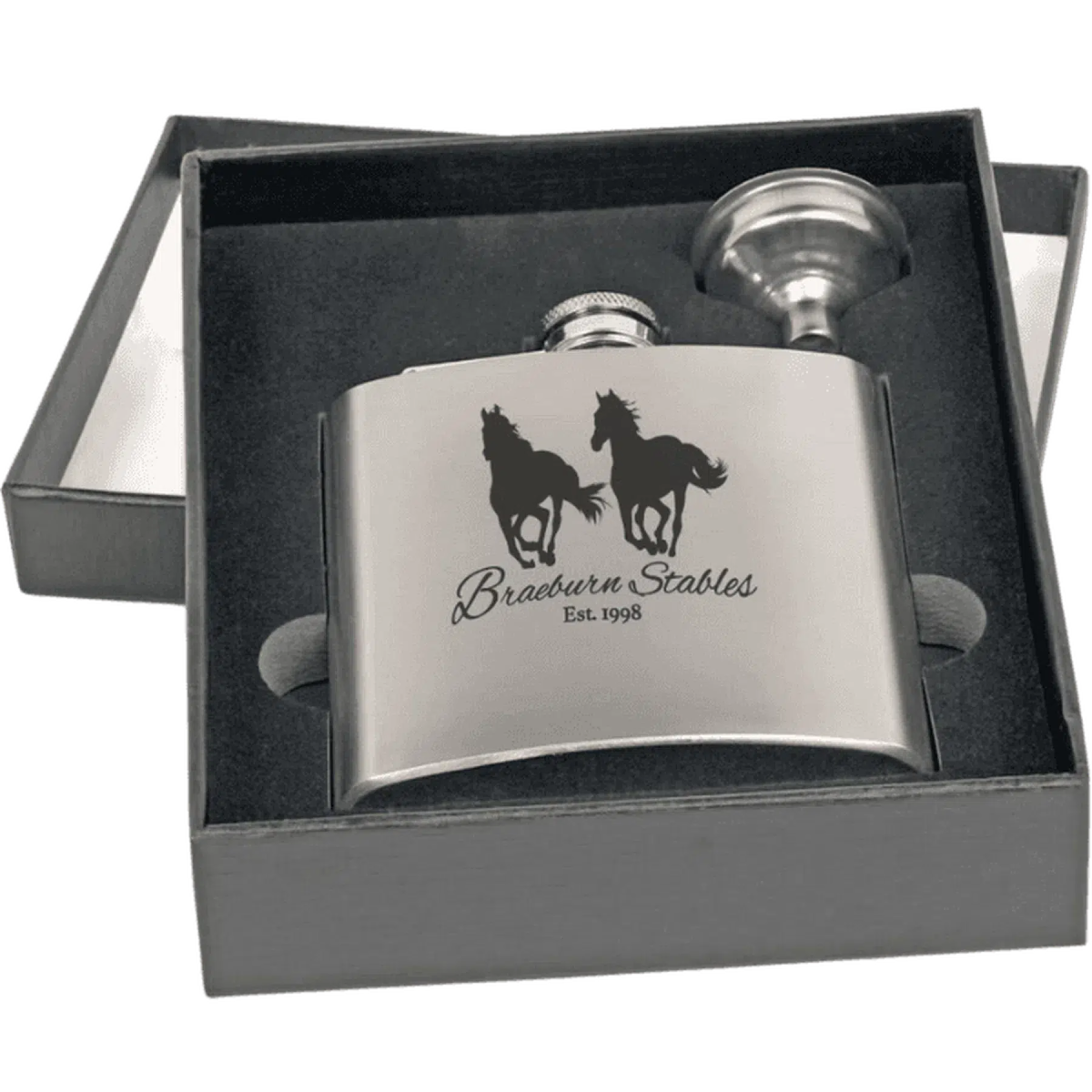 6 oz. Stainless Steel Personalized Flask Gift Set in Gift Box - LightForce Laser Engraving, LLC