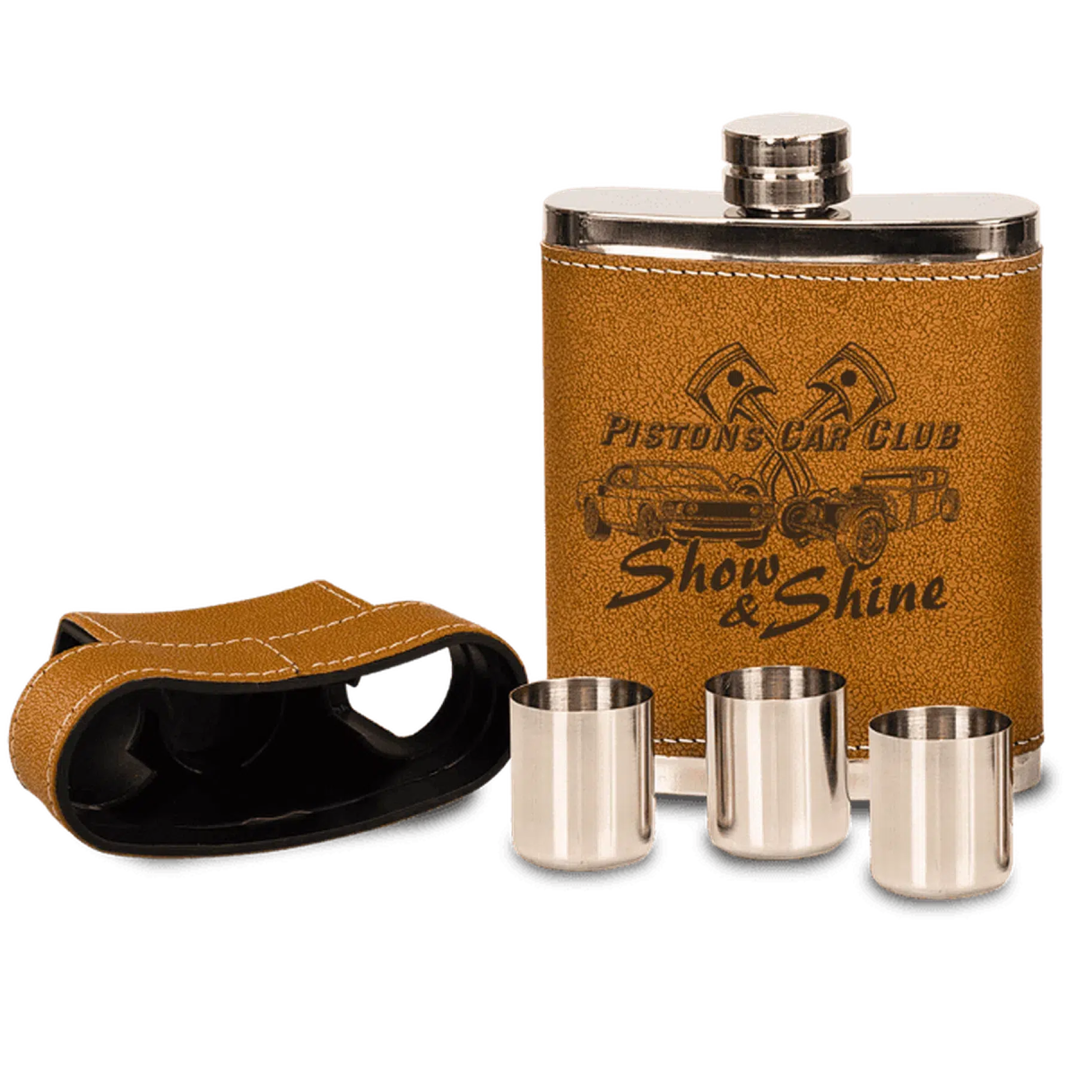 7 oz. Leatherette Wrapped Flask Kit with Lid & 3 Shot Glasses - LightForce Laser Engraving, LLC