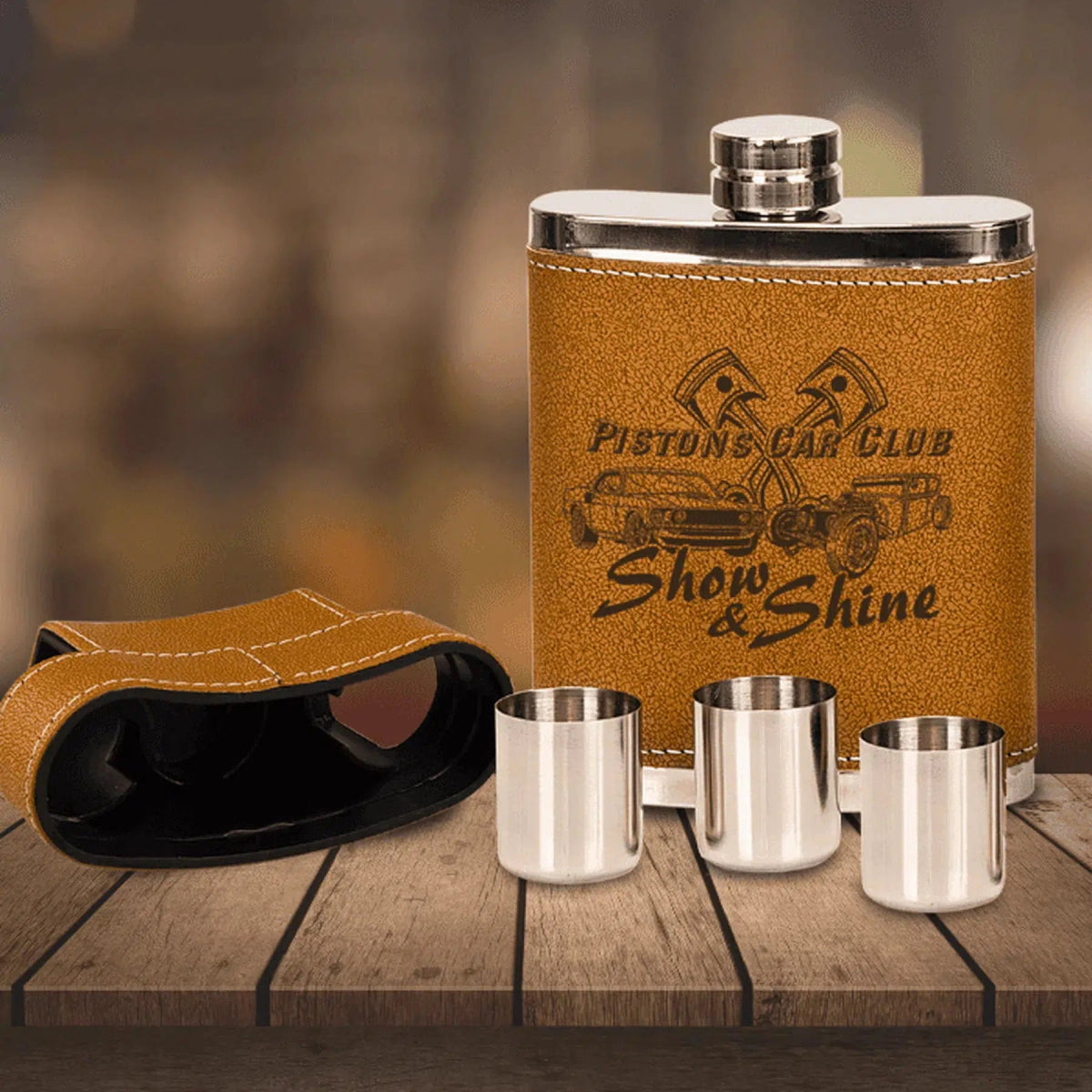 7 oz. Leatherette Wrapped Flask Kit with Lid & 3 Shot Glasses - LightForce Laser Engraving, LLC