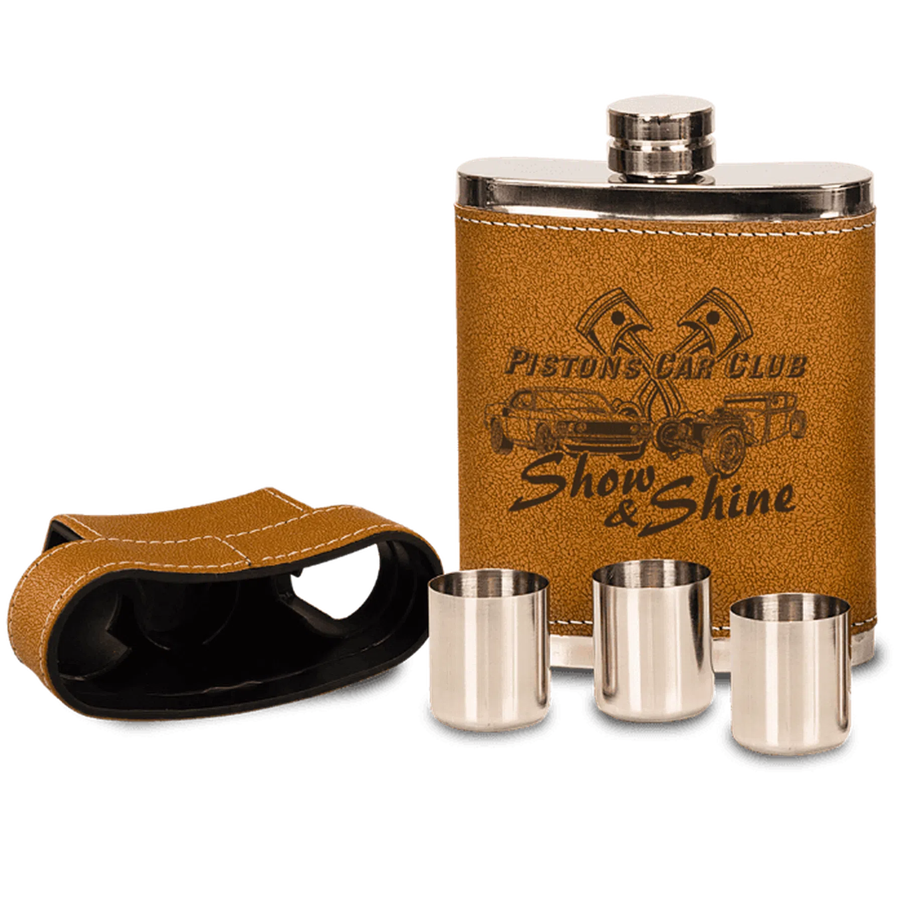 7 oz. Leatherette Wrapped Flask Kit with Lid & 3 Shot Glasses