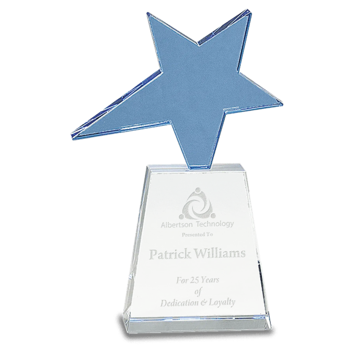 8" Blue Crystal Star on Clear Pedestal Base - LightForce Laser Engraving, LLC