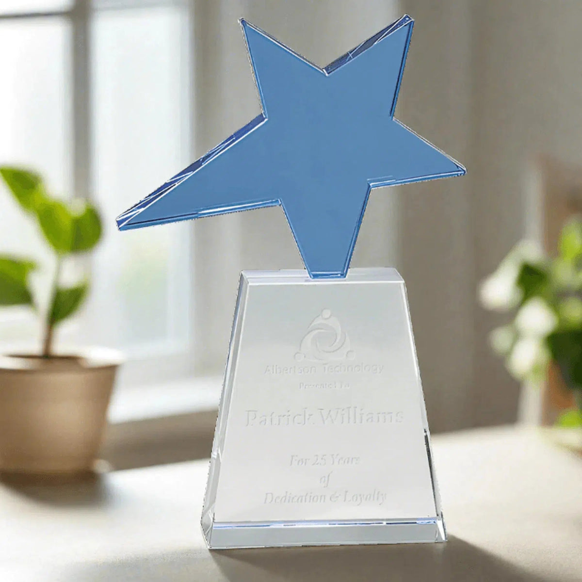 8" Blue Crystal Star on Clear Pedestal Base - LightForce Laser Engraving, LLC