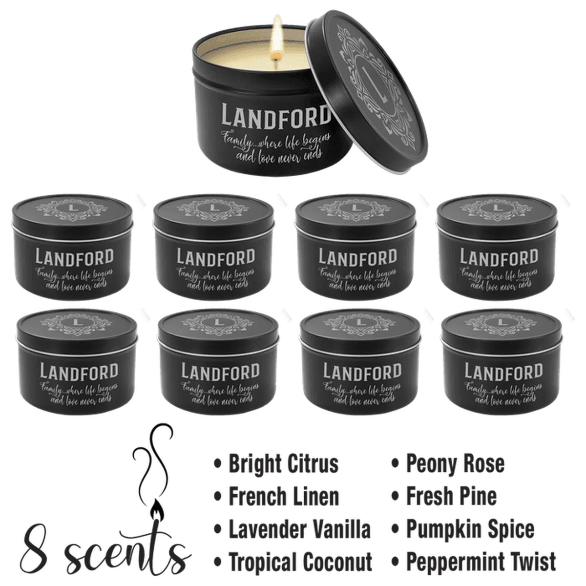 8 oz. Personalized Candle in a Black Metal Tin (8 Scents) - LightForce Laser Engraving, LLC