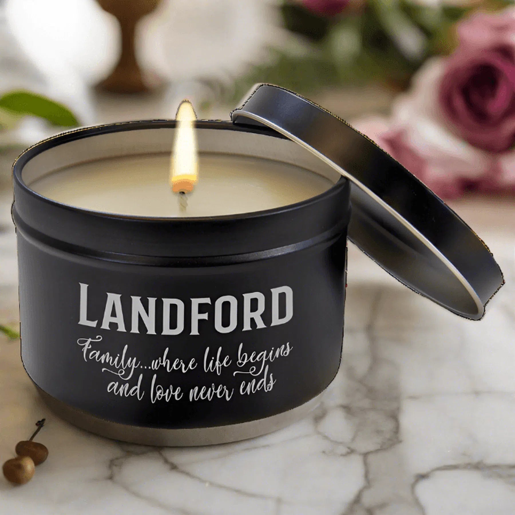 8 oz. Personalized Candle in a Black Metal Tin (8 Scents)