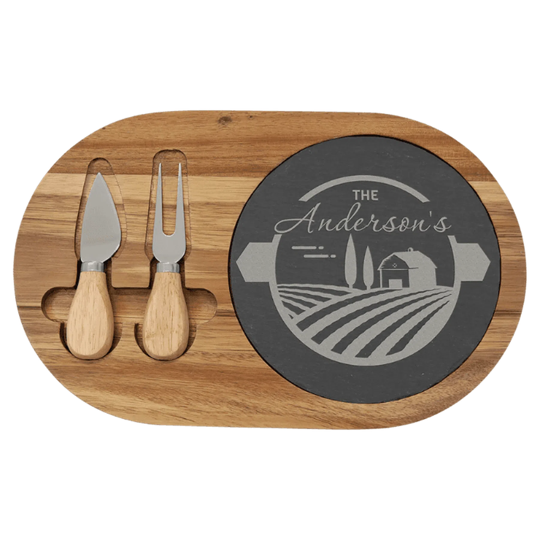 Acacia Wood/Slate Oval Cheese Set with Two Tools