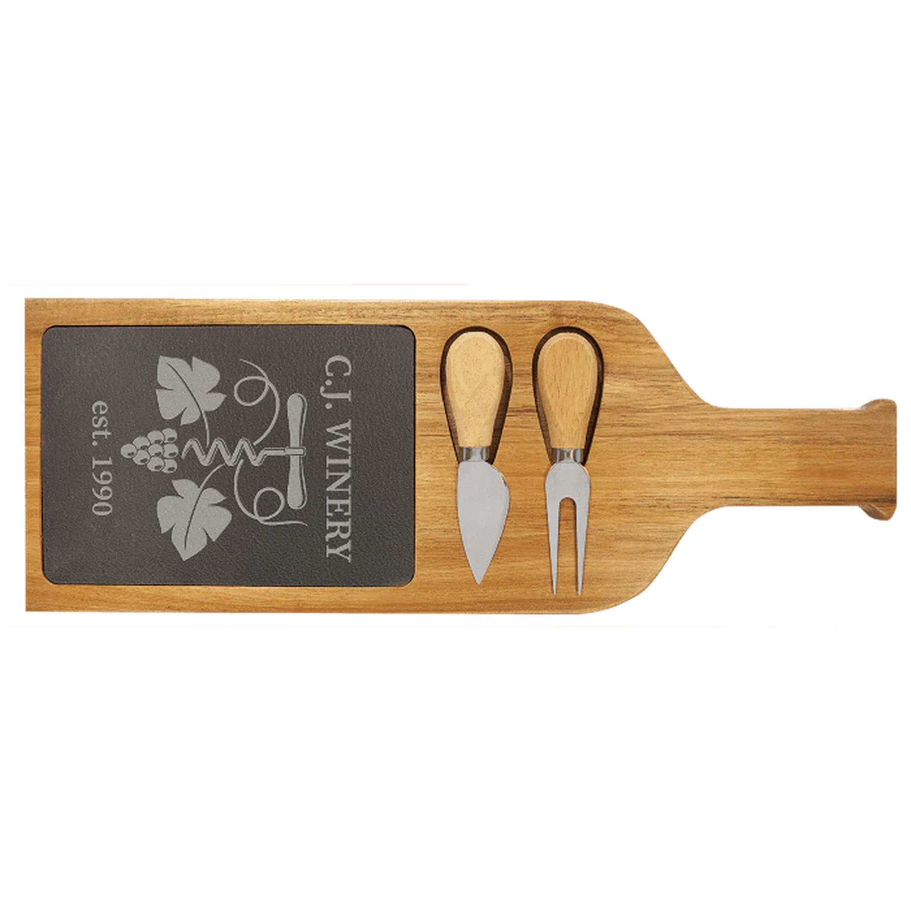Acacia Wood/Slate Serving Board (Wine Bottle Shape) w/ Cheese Tools