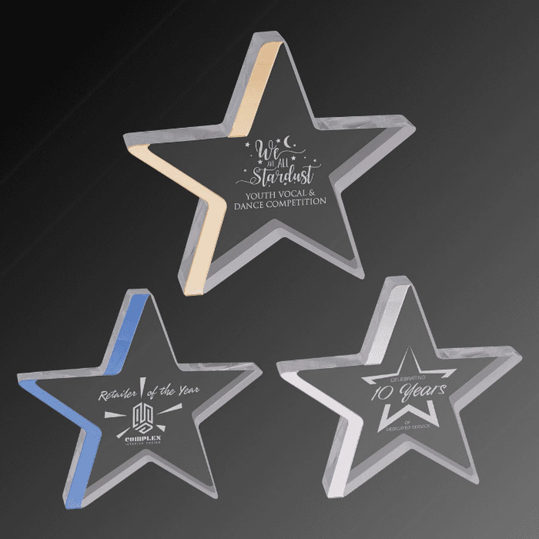Acrylic Color-Edge Stars (Blue, Gold, Silver)