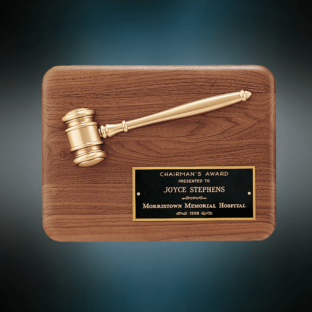 American Walnut Gavel Plaques with Black Brass Plate and Gold Gavel