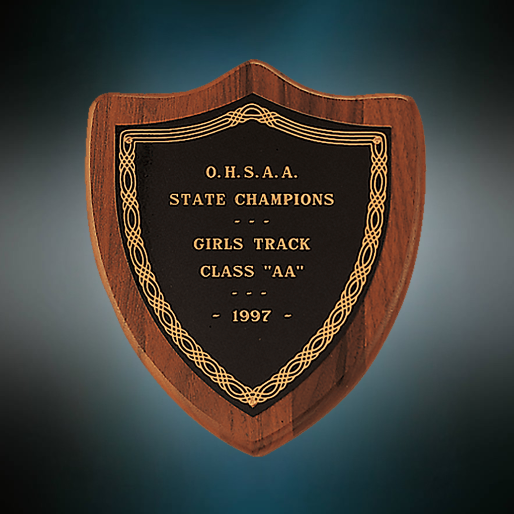 American Walnut Shield Plaque | Black & Gold Brass Shield Plate