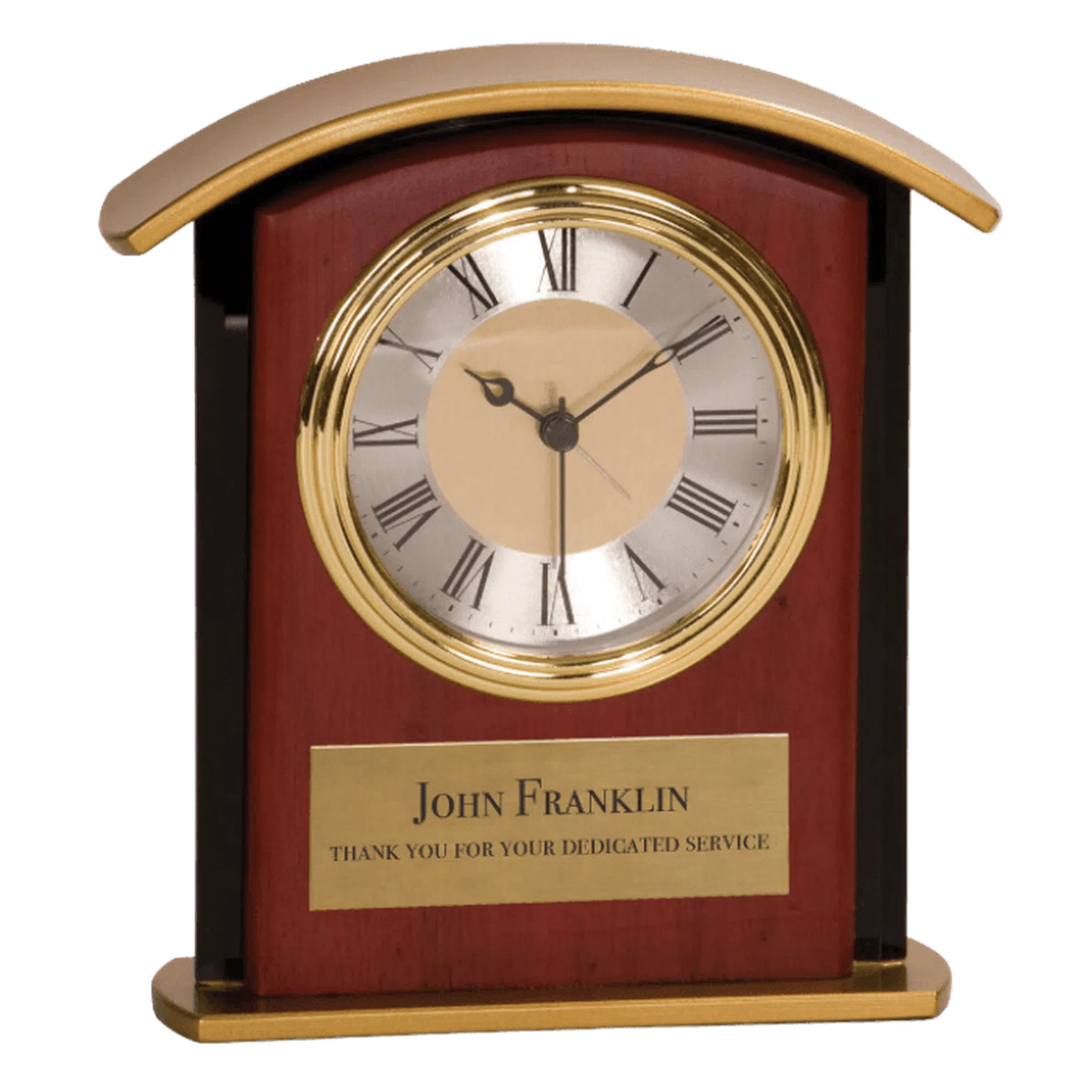 Arch Gold Top Mahogany Finish and Glass Desk Clock